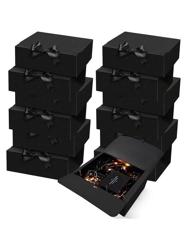 10pcs-Black Gift Box With Lid, Best Man Proposal Box, Deluxe Black Gift Box With Ribbon For Wedding Boxes, Birthday Boxes, Party Boxes, Christmas Boxes, Bridesmaid Boxes, Graduation Favors Valentine's Day Gift Box