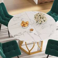 Dining Table Set (5 Pieces), Dining Table Set With 4 Chairs, Kitchen Table Set, Round Dining Table With 100 Cm Diameter And Gold Metal Legs, White MDF Tabletop, Dining Chairs Made Of Dark Green Velvet - Multicolor + MDF - View 3