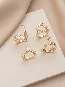 4 piezas Set de anillos apilables con diseño geométrico de gota de agua para mujer, para uso diario, citas, fiestas, festivales, accesorios, regalos - Amarillo Oro - Ver 4