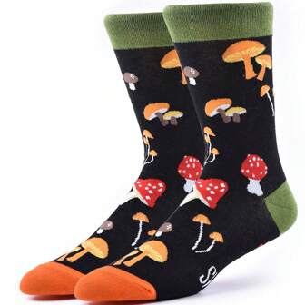 1 双男女通用蘑菇字母印花保暖中筒袜，大码，柔软舒适，适合日常穿着，秋季袜子
