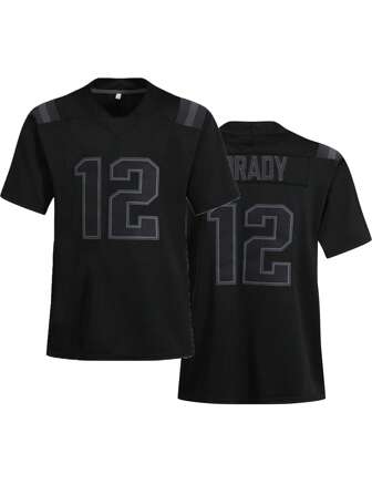 男式足球球衣 12 号黑色刺绣运动 T 恤休闲训练比赛短袖上衣