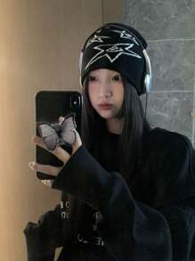 1 件女式黑色星星针织帽，时尚弹力休闲帽秋季配饰 - 黑色 - 查看 2