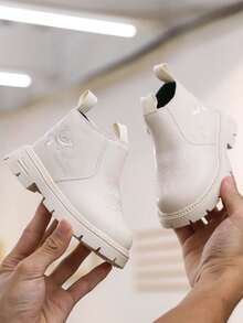 1 双女童皮革刺绣雪地靴，时尚百搭防滑踝靴，适合秋冬 - 白色 - 查看 11