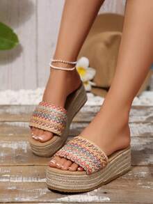 女士时尚休闲草绳编织鞋底户外凉鞋，舒适百搭沙滩度假露趾拖鞋 - 彩色 - 查看 3