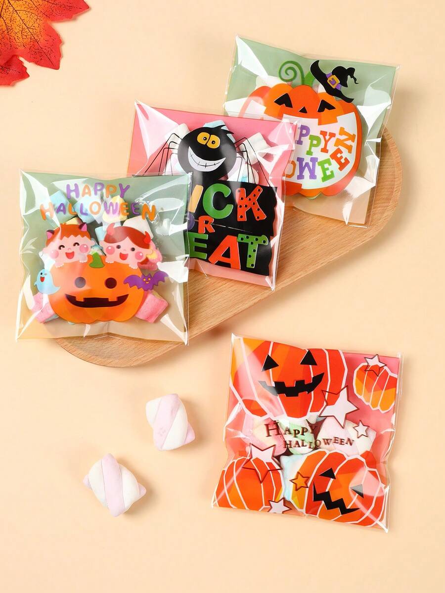 100pcs Halloween Theme Self-Sealing Gift Bags, Orange Pumpkin Mixed Pattern Transparent Bags, Halloween Theme Party One-Time Food Packaging Self-Sealing Bags, Gift Bags, Candy Bags, Suitable For Halloween Holiday Dining Table Party "Trick Or Treat" Decoration, Gift Packaging Supplies, Halloween Decoration