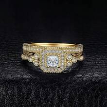JewelryPalace Vintage 14K Gold Plated Halo Engagement Ring Wedding Band Bridal Sets - B-鍍金-1CT - 查看 8