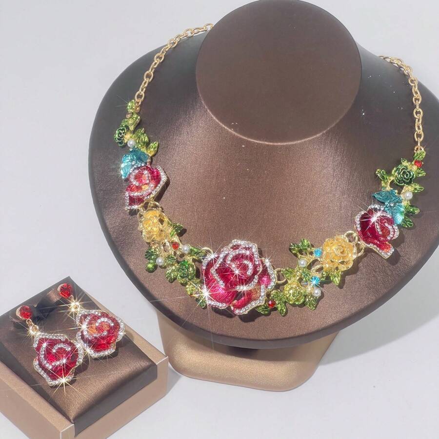 1 Set de Joyería para Mujer, Collar y Aretes de 3 Piezas Incrustados con Rhinestones, Elegante y de Moda, Adecuado para Novia, Boda, Banquete y Ocasiones Formales
