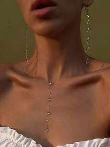 简约透明水滴项链耳环套装女士新款细绳串珠个性颈链项链首饰 - 銀色 - 查看 1