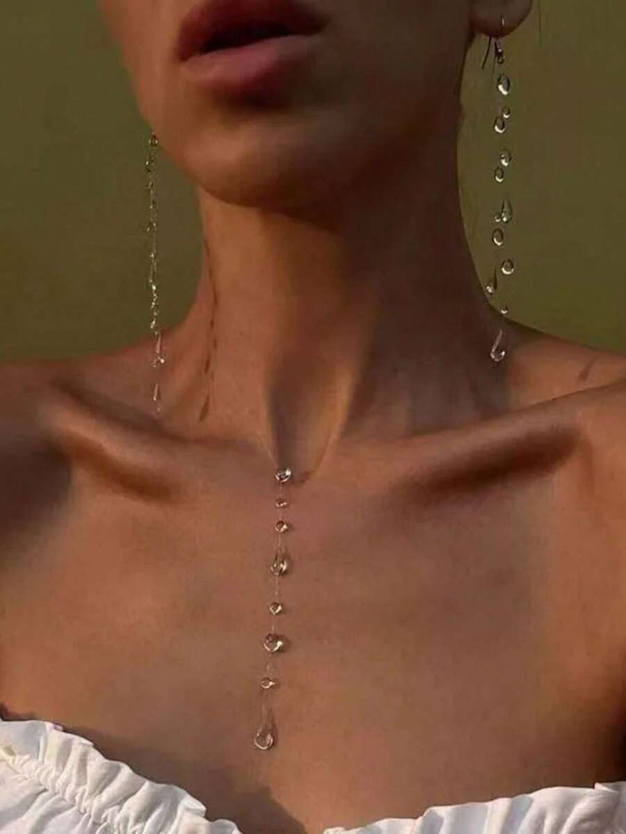 简约透明水滴项链耳环套装女士新款细绳串珠个性颈链项链首饰 - 銀色 - 查看 1