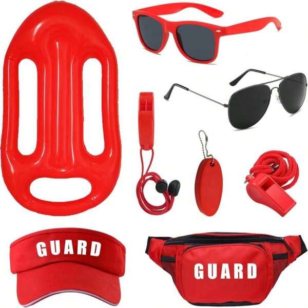 GIFIKOI 8Pcs Guard Costume Set For Women Men Fanny Pack Whistle Lifeguard Guard Accessories Set For Halloween Party Dress Up