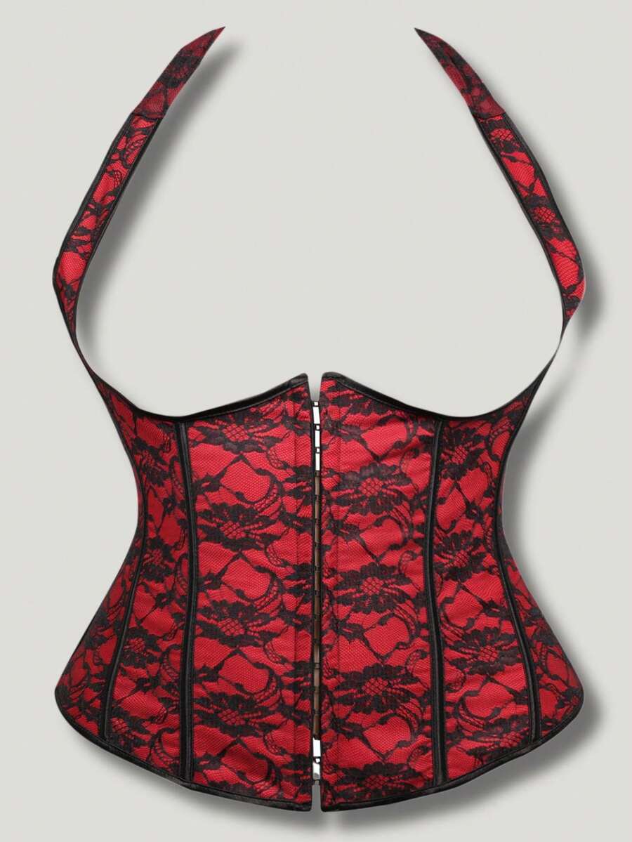 Plus Size Black & Red Contrast Color Halloween Cosplay Women's Fashionable Outerwear Top, Waist Cincher, Versatile Shaping Top - Red - View 1