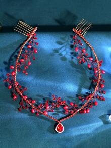 1件水晶额饰发箍，新娘婚礼发饰，时尚女士头饰，适合派对、舞会、节日礼物、情人节配饰 - 紅色 - 查看 4