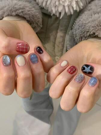 10 piezas de uñas postizas con forma de almendra, de estilo francés, hechas a mano, simples y de moda con patrón de estrella y ojos de gato, de cobertura completa y fácil de pegar, adecuadas para vacaciones en la playa y fiestas de mujeres - Suministros de uñas modelo XS