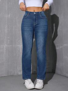 Winter Warm Thermal Lined Straight Leg Jeans - Medium Wash - View 6