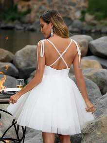 YUMIBRAVO 优雅露背设计白色女士婚纱礼服新娘生日礼服 - 白色 - 查看 7