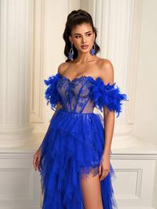 Women's Heavy Embellished Off Shoulder Feather, Lace, Wrap, Chiffon Ruffle Hem And High Slit Formal Gown - Royal Blue - View 1