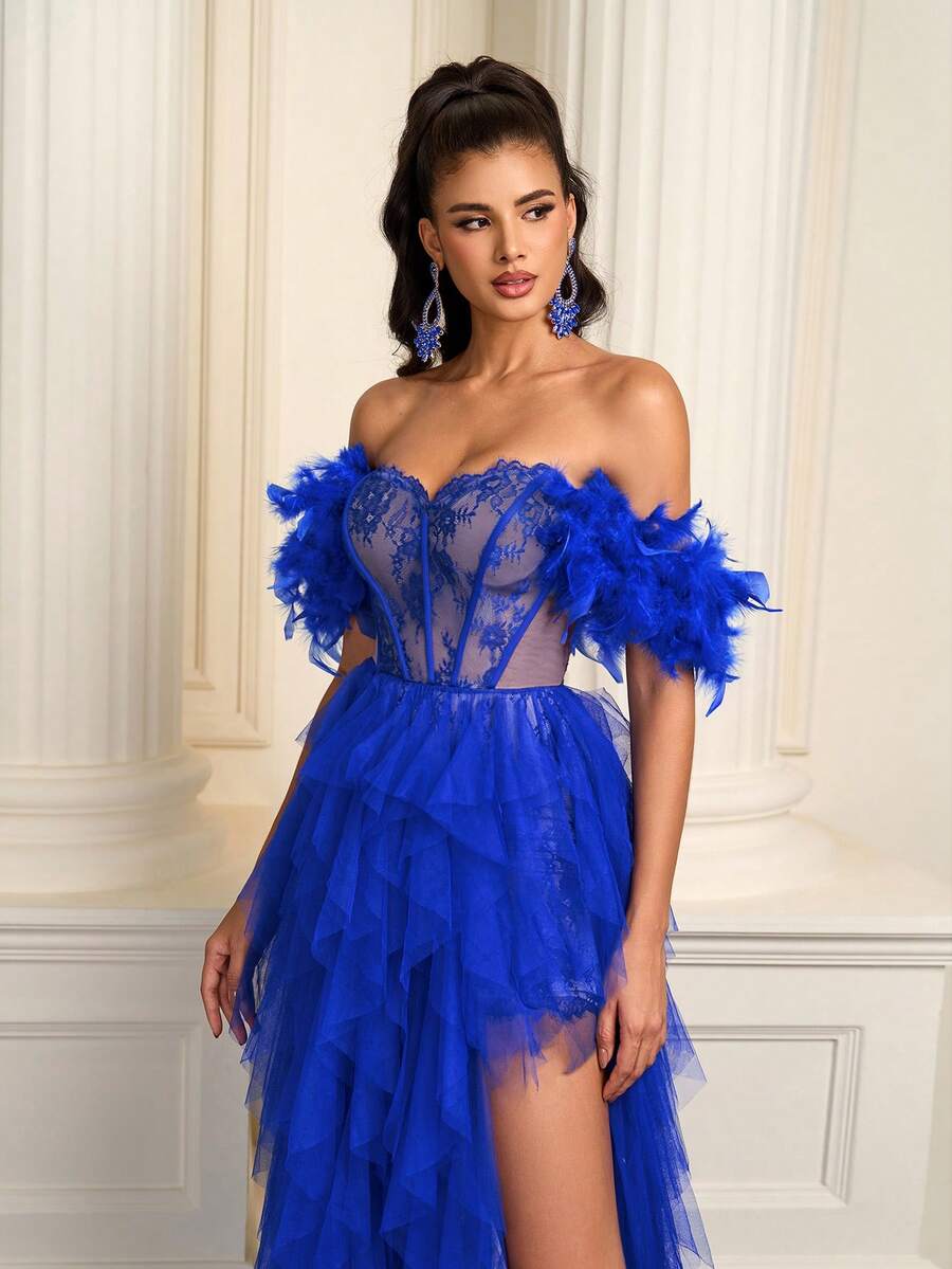 Women's Heavy Embellished Off Shoulder Feather, Lace, Wrap, Chiffon Ruffle Hem And High Slit Formal Gown - Royal Blue - View 1