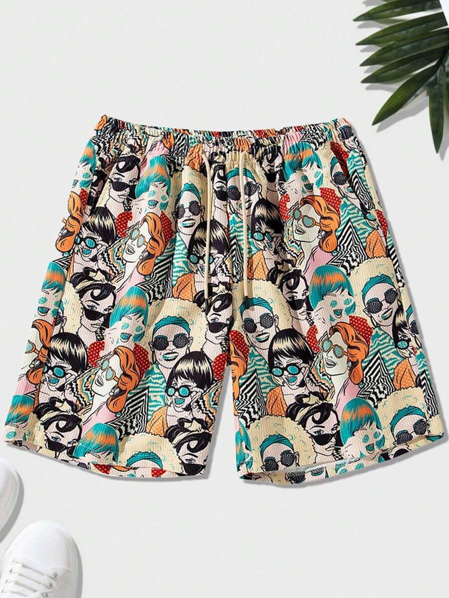 男士休闲夏威夷风格沙滩短裤，夏季 - 黃色 - 查看 1