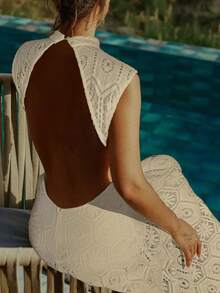 波西米亚风钩编浪漫沙滩长裙，针织提花露背A字裙，适合夏季海滩度假，优雅迷人，也适合婚礼季。#派对造型 #海滨风情 #约会装扮 #音乐节 #婚礼季 #度假 - 杏色 - 查看 5