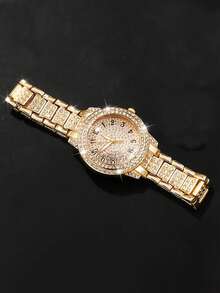 2PCS Fashionable Gold Diamond-Studded Quartz Watch & Cuban Chain Bracelet Set, Party & Birthday Gift - Gold - View 4