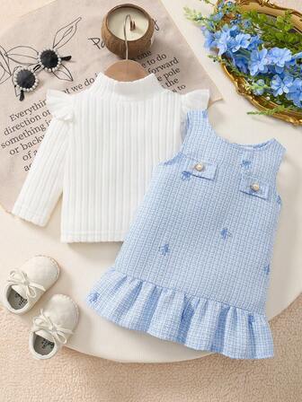 Baby Girls' Round Neck Flare Sleeve Ribbed White T-Shirt + Round Neck Sleeveless Open Back Bow Embroidered Pearl Button Blue Dress 2-Piece Set