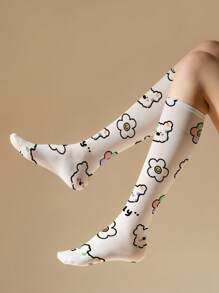 1/2 双女士 50D 花朵图案小腿袜，性感薄款 JK 及膝袜，夏季薄款丝袜，中长袜，水手袜，熊图案可爱时尚袜子，适合日常穿着，适合送礼