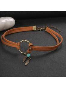 1 件复古欧式美式青铜树叶吊坠几何圆形皮革颈链