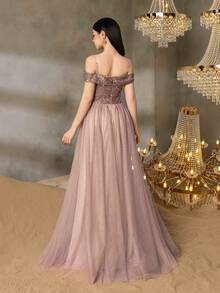 ALISA&LEO Teen Girls' Sequin A-Line Evening Gown - Off-Shoulder Sweetheart Neckline, Sheer Tulle Skirt & Fitted Sequin Bodice For Graduation Proms, Wedding Guest Outfits, Formal Dinners & Luxury Galas