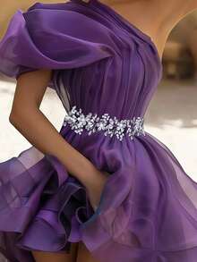 1件时尚百搭水晶仿珍珠新娘腰带，适合搭配婚纱、礼服、参加派对、节日聚会、日常穿着，也是情人节配饰。 - 銀色-白色歐根紗 - 查看 3