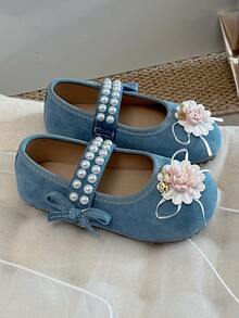 1 Pair New Summer Rhinestone Butterfly Pearl Floral Decor Suede Leather Lightweight Shallow Buckle Sweet Princess Style Little Leather Shoes, Suitable For Parties And Daily Outings - Blue - View 7