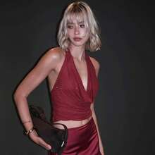 Womenacute;S Summer Sparkle Sleeveless Backless Rhinestone Halter Tank Tops - Burgundy - View 3