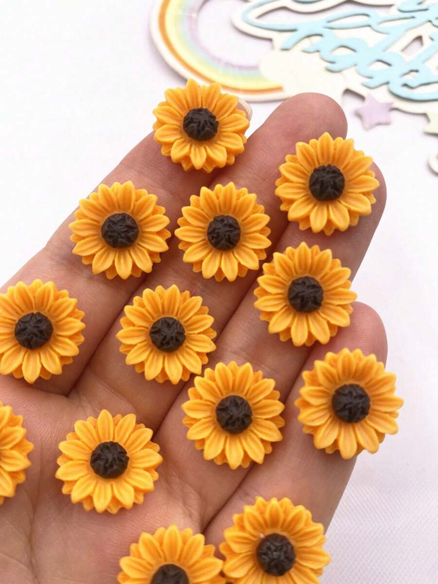 20pcs 15mm Resin Colorful Sunflower Flat Flower Gems, Suitable For Scrapbooking, DIY Wedding Jewelry Decoration Stickers And Crafts