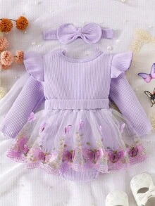 Baby Girls' Elegant Winter Romper Set: Lace Butterfly Bow, Pure Dress For Holiday Photos - Màu tím - Xem 2