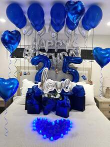 551pcs Blue & Silver Birthday Balloon Kit, 500pcs Non-Woven Fabric Petals, Happy Birthday Banner Letters + Heart Foil Balloons, Dark Aesthetic Party Backdrop, Suitable For Romantic Bedroom Decor, Midnight Surprise Birthday Party Decoration - Multicolor - View 4