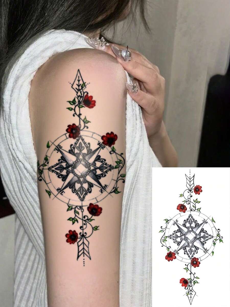 1 张大尺寸人体艺术临时纹身贴纸，适用于女性，线性箭头指南针玫瑰花朵图案，防水假纹身，持续 2-5 天，遮盖疤痕，可用于手臂手腕肩膀腿腰颈部手胸部大腿手指 - 黑色 - 查看 1