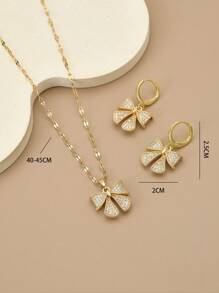 1 件时尚全水钻方晶锆石蝴蝶不锈钢女士项链，1 对时尚全水钻方晶锆石蝴蝶不锈钢女士耳环 - 金黃色 - 查看 6