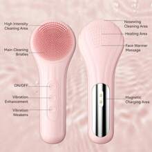 Silicone Face Scrubber Facial Cleansing Brush With Heating And Vibration Electric Waterproof Face Wash Brush With 5 Strength Adjustable For Exfoliating Deep Cleaning And Face Massaging Pink - 粉色 - 查看 7