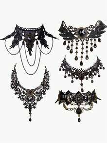 5 件套女式哥特式蕾丝项链，简约颈链套装 - 彩色 - 查看 1