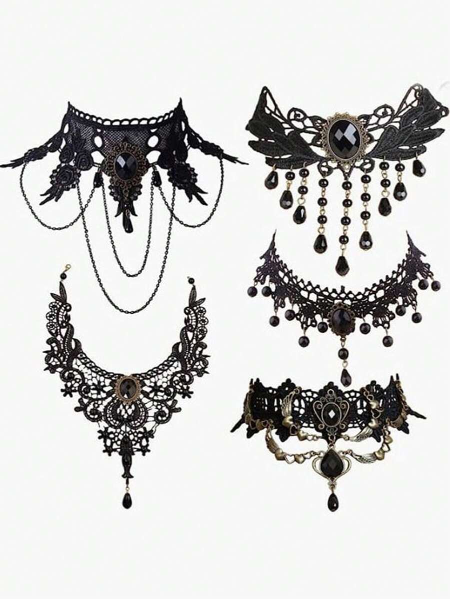 5 件套女式哥特式蕾丝项链，简约颈链套装 - 彩色 - 查看 1
