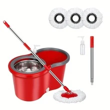 Spin Mop And Bucket Set, 360° Spin Mop And Bucket With Wringer Set And 3 Microfiber Mop Refills, Stainless Steel 61" Extended Handle Spinning Mop Bucket System For Floor Cleaning - Red - View 1