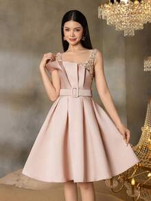 Alisa&Leo Teen Girls' Midi Graduation Dress - Asymmetrical Design With Glittering Sequin Bodice, Satin-Like Skirt & Adjustable Waist Belt For Graduation Proms, Wedding Guest Outfits, High-End Galas & School Formal Events - 淺粉色 - 查看 6