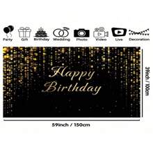 1pc Luxury Black Gold Happy Birthday Background Banner, Gold And Black Birthday Party Design, Suitable For Birthday And Party Decorations, Indoor/Outdoor Party Polyester Photographic Background