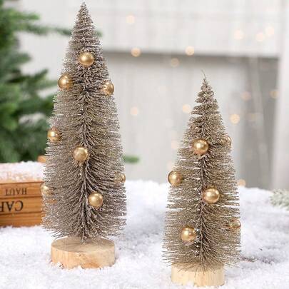 Mini Artificial Christmas Trees With Wooden Base, Tabletop Christmas Trees With Gold Color Decorative, Wooden Base For Christmas Decor Christmas Party Home Table Craft Decorations, Perfect For Christmas & Home Decorations (Please Note That Due To The Circular Base Of The Christmas Tree Being Directly Cut From Natural Wood, There May Be Some Slight Errors In The Size Of The Wooden Base. Please Carefully Consider Before Placing An Order)