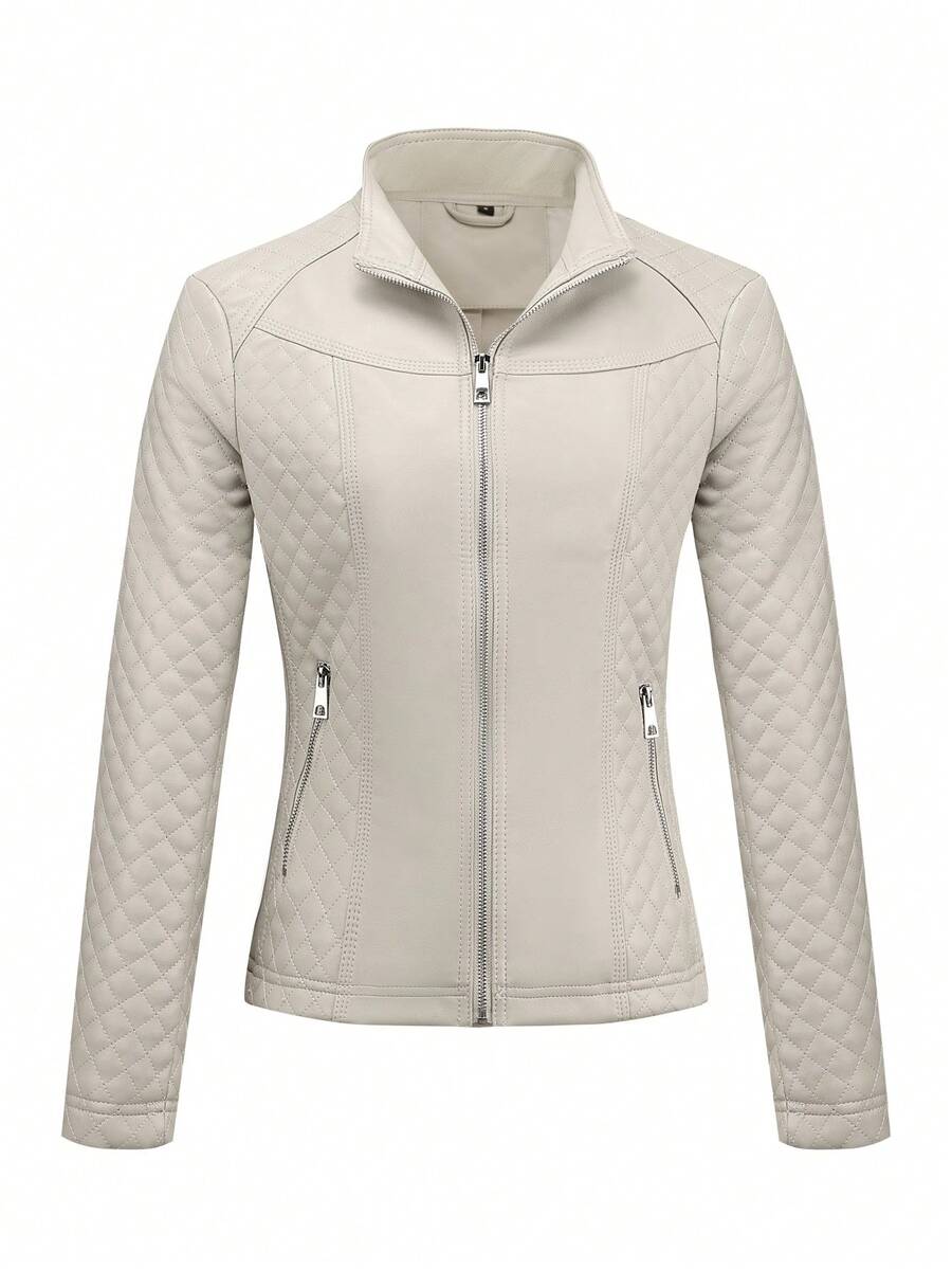 Veste de moto multifonctionnelle à la mode en cuir PU pour femmes Risissida - idéale pour le streetwear automne/hiver - Beige - Voir 1