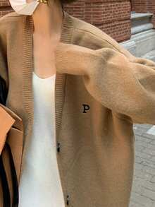 French Fashion Women New Simple Top Cardigan Coat Halloween Fashion Letter Embroidery British-Style Knitted Cardigan For Women Loose And Slouchy Style Sweater Cardigan - Coffee Brown - View 9