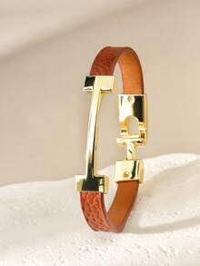 1pc Fashionable Gold Letter Leather Bracelet, Personalized Charm Gift For Girlfriend - Coffee - View 5