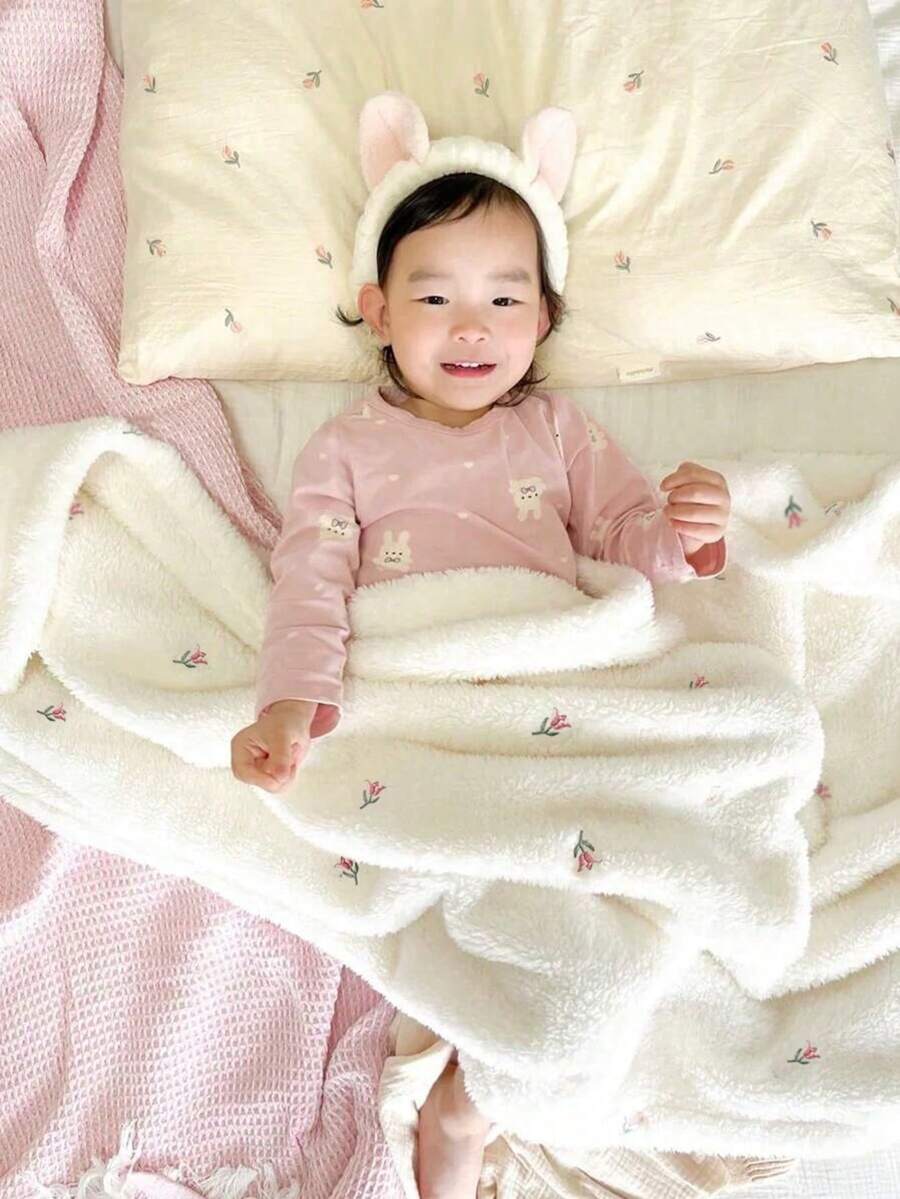 1 件婴儿刺绣羊毛毯,婴儿柔软毛绒婴儿车毯,适合所有季节,新生儿襁褓 - 鬱金香 - 查看 1