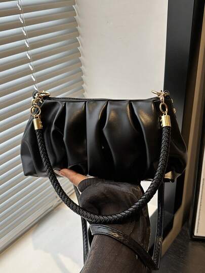 时尚优雅的褶皱 PU 皮革单肩包，纯色时尚斜挎包。适合女孩和女士购物、约会、聚会、送礼和外出。