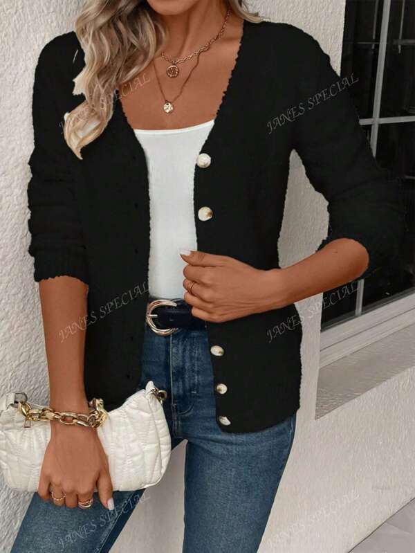 Cardigan corto in maglia a maniche lunghe con bottoni davanti, casual per serate, vacanze, feste di compleanno