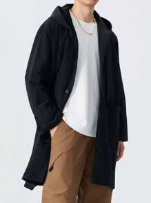 男士加大码长袖黑色轻薄中长款休闲风衣，适合秋季穿着 - 黑色 - 查看 3